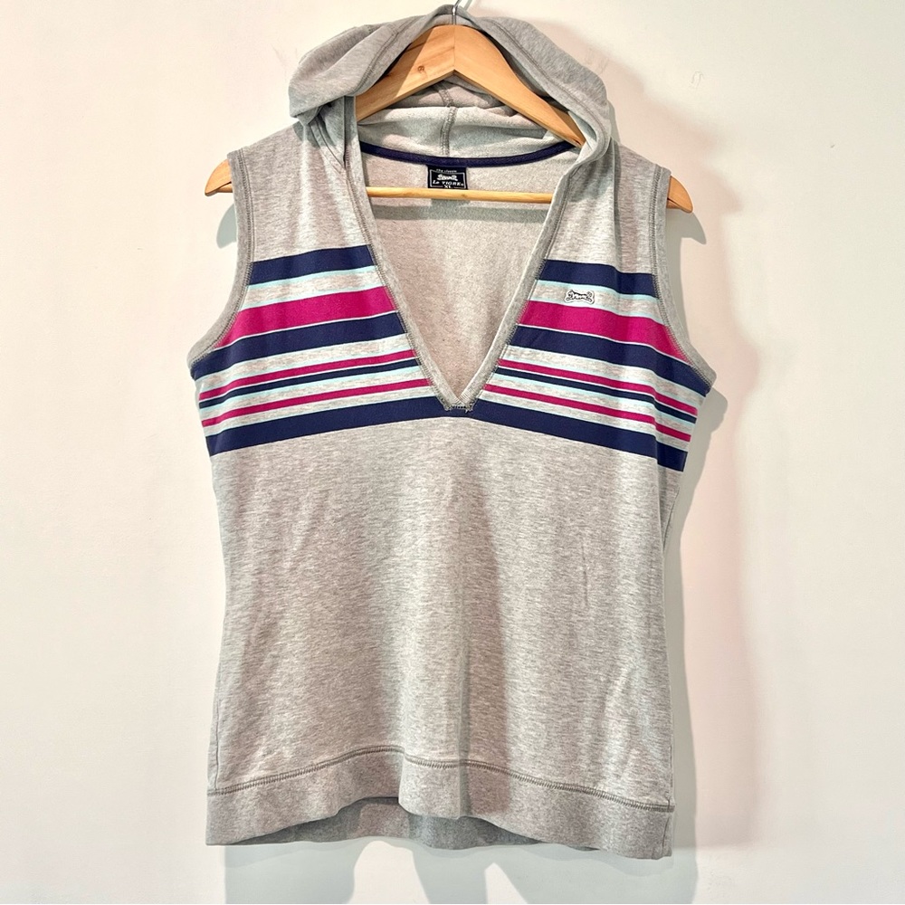 Vintage Le Tigre Striped Sleeveless Hooded Sweatshirt Size Large